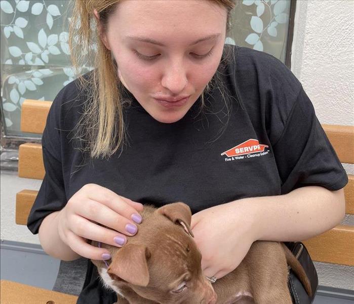 A female Servpro employee in a black shirt holding a small brown puppy.